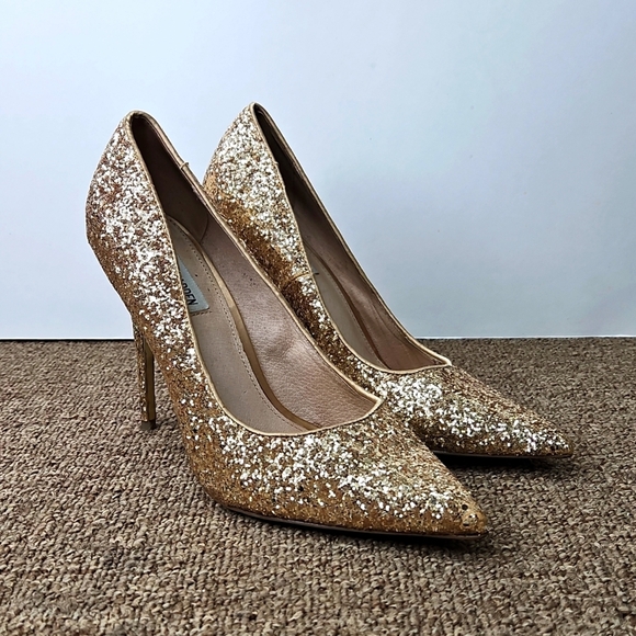 Steve Madden Atlantic Gold Glitter Stiletto Heels sz 8.5 - Picture 1 of 10